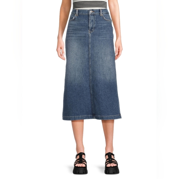 7 For All Mankind Size 24 Or 25 Whiskered Midi Blue Denim Skirt With Side Slits - Picture 2 of 14